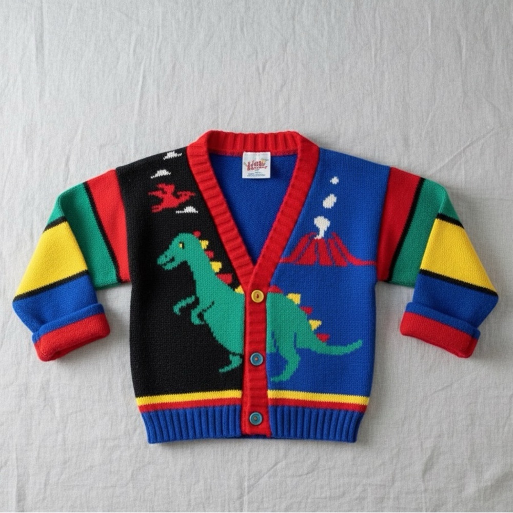 ⁠Little Funky Vintage Dinosaur Colorblock Knit Cardigan Sweater Kidcore Retro 12